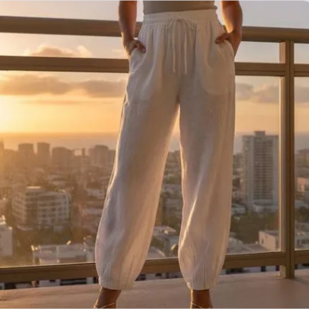 White Genie Pull On Drawstring Linen  Blend Pants